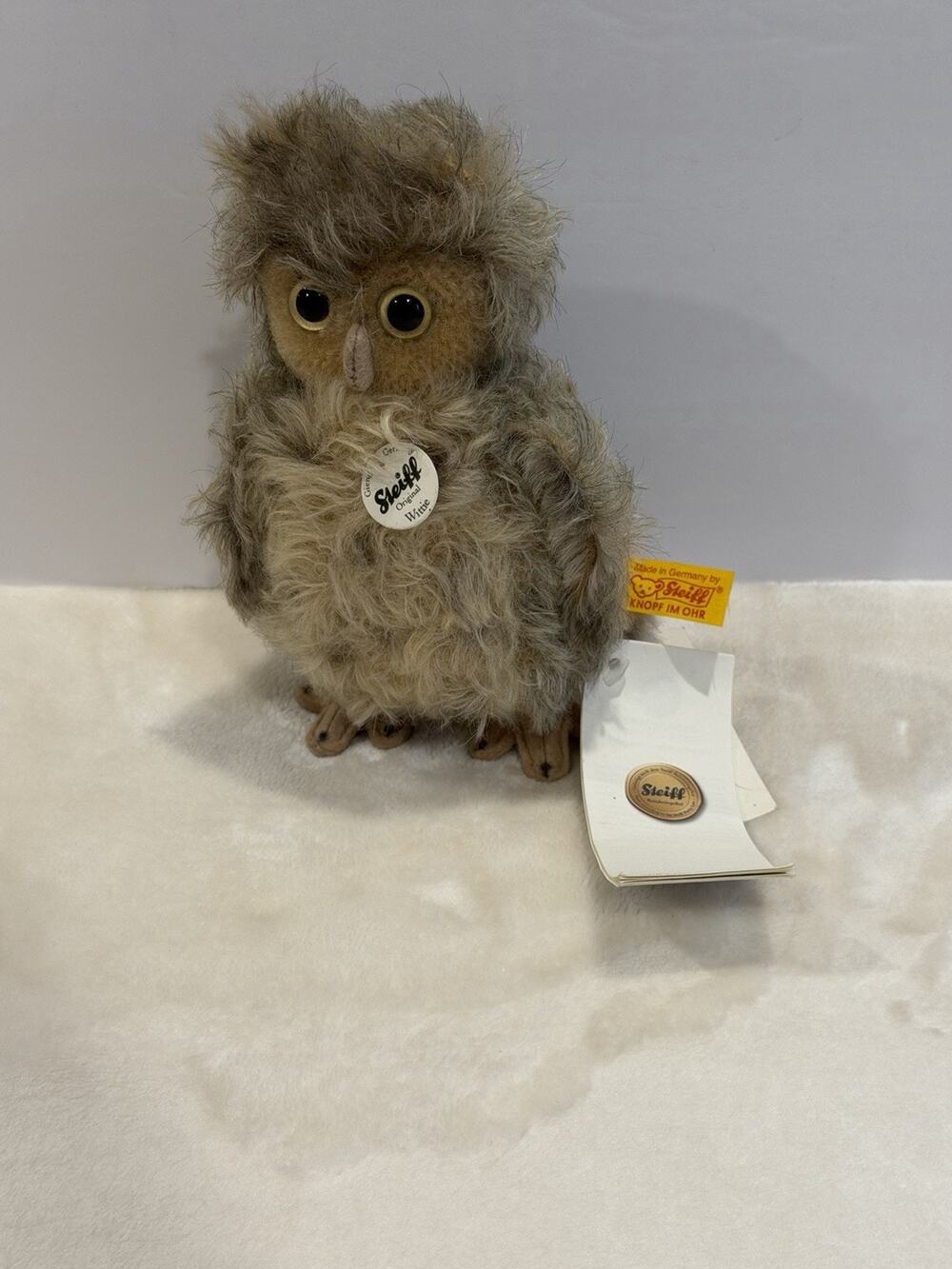Steiff Wittie Owl 033315 Mohair Gray Brown Germany All Tags Button